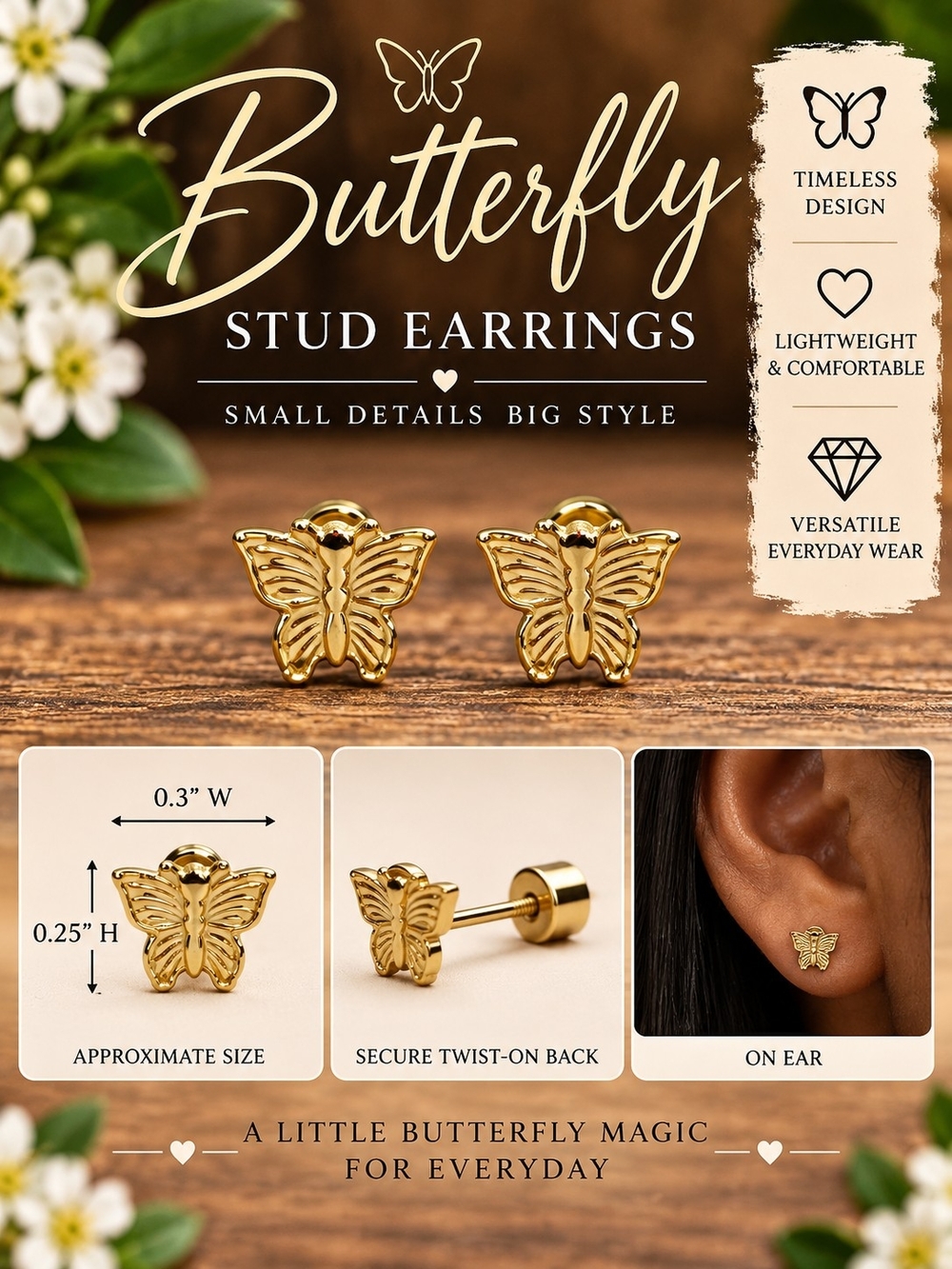 A98. Butterfly Stud Earrings Gold New